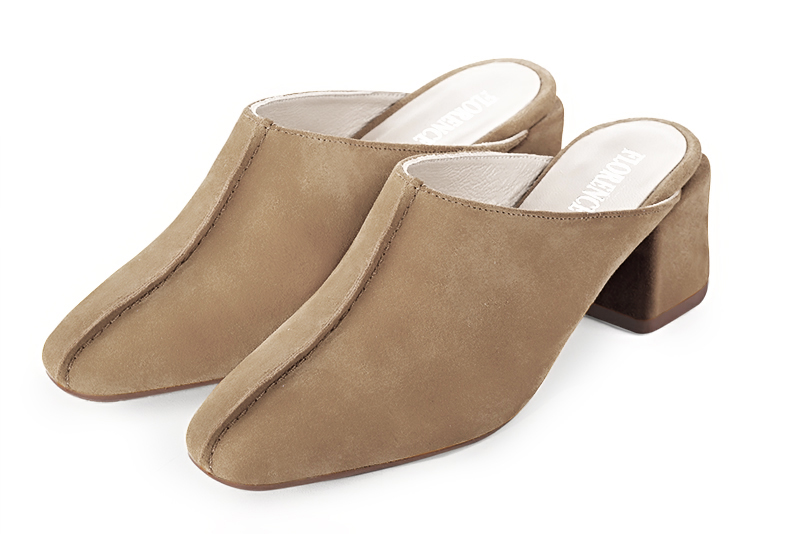 Tan beige women's clog mules. Square toe. Medium block heels. Front view - Florence KOOIJMAN